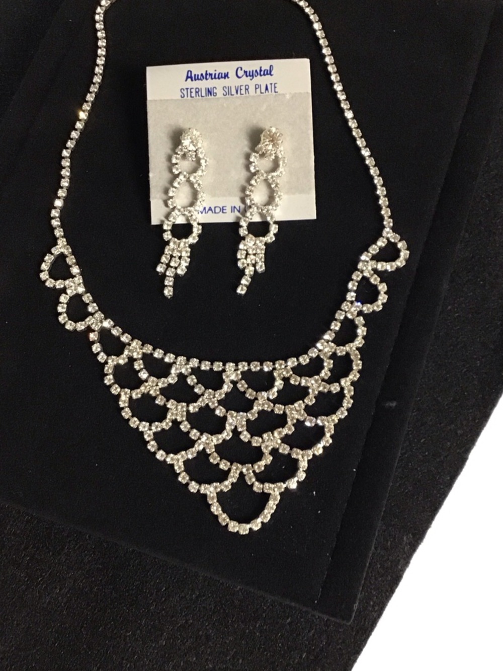 Sterling Silver Plate Rhinestone Necklace & Earrings Set - Silver